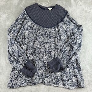 Hinge Tunic Top Womens XXL Navy‎ Blue Floral Puff Sleeve Boho Cottagecore Hippie